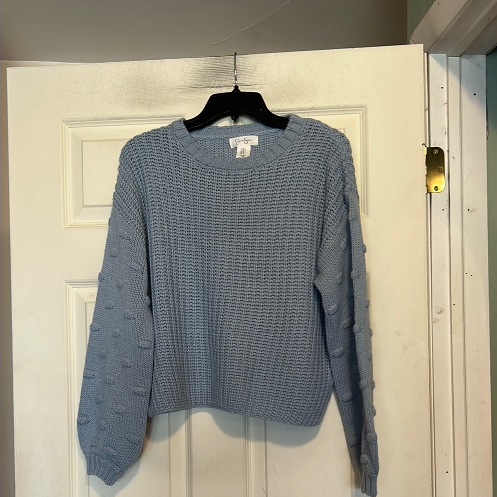 Jessica Simpson Blue Chunky Knit Sweater with Pom Pom Bell Sleeves Size Medium